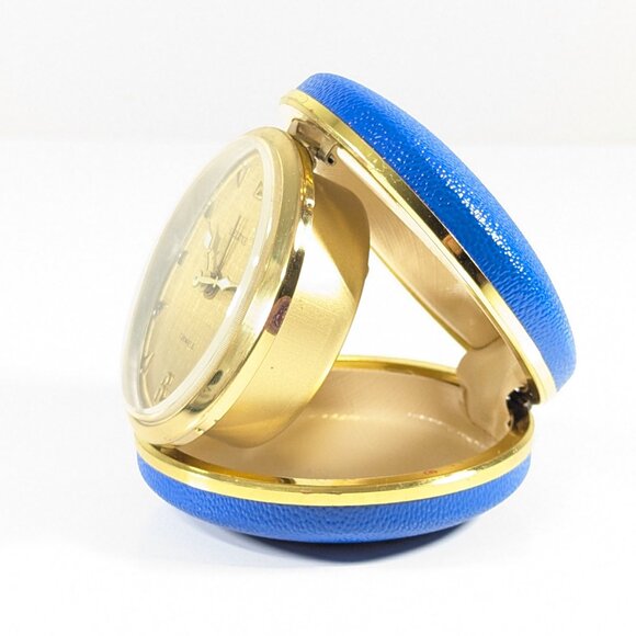 vintage mcm Deluxe travel alarm clock 7 jewels Germany round travel WORKS - Picture 5 of 14